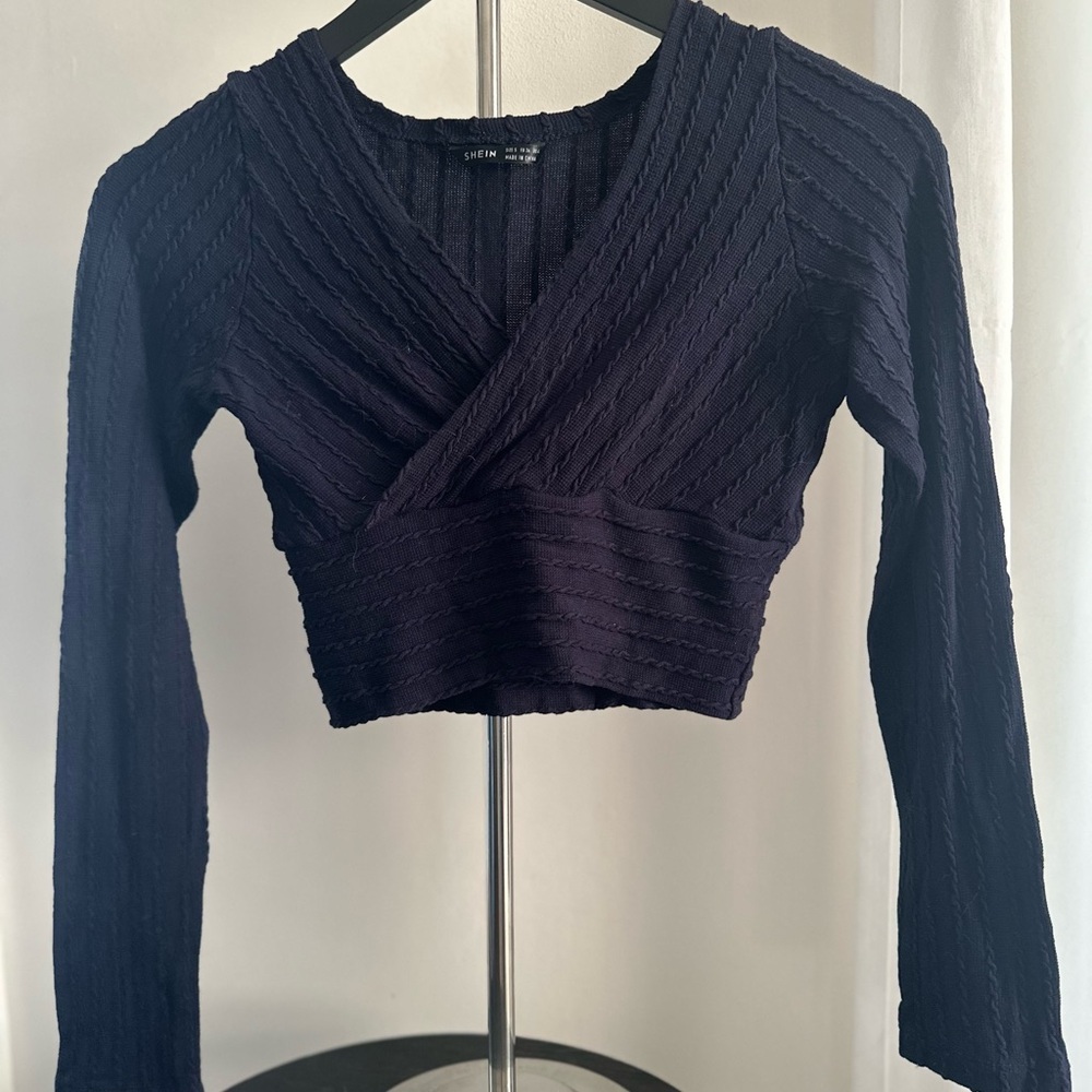 SHEIN Deep Blue Textured Wrap Blouse